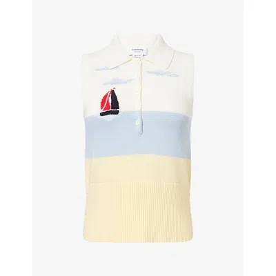 Thom Browne Womens Nantucket Scenic-embroidered Cotton Vest Top White In Multi