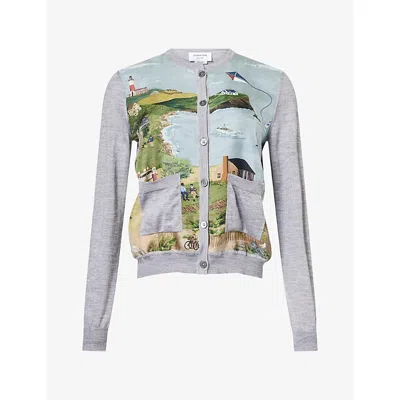 Thom Browne Womens Nantucket Scenic-print Cashmere And Silk-blend Cardigan Lt Grey