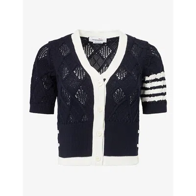 Thom Browne Womens V-neck Cable-knit Cotton Cardigan Navy In Black