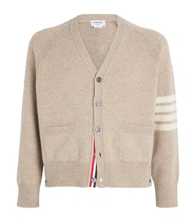 Thom Browne Beige Shetland Wool 4-bar Relaxed Fit V-neck Sweater In Brown