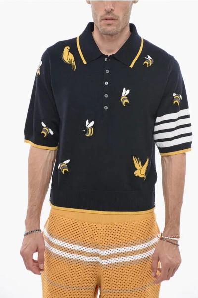 THOM BROWNE WOOL BLEND BIRDS AND BEES POLO WITH CONTRASTING BANDS