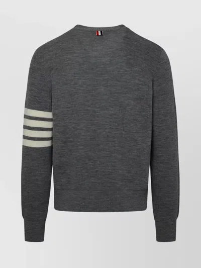 Thom Browne Wool Cardigan With Crew Neck And Striped Sleeves In Gray