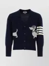 THOM BROWNE WOOL CARDIGAN WITH GRAPHIC PRINT AND STRIPED SLEEVE DETAIL