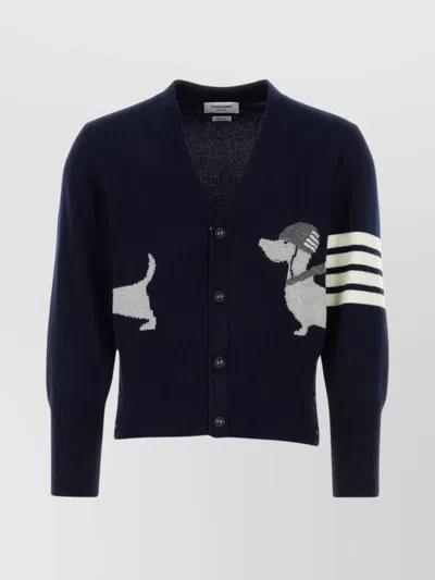 Thom Browne Wool Cardigan With Graphic Print And Striped Sleeve Detail In Blue