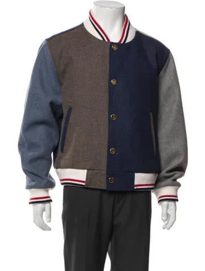 Pre-owned Thom Browne Wool Colorblock Pattern Varsity Jacket In Blue