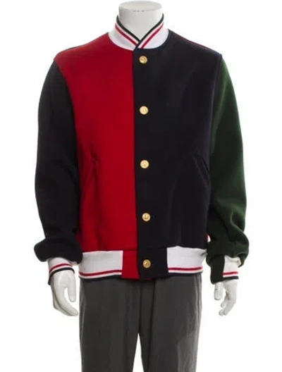 Pre-owned Thom Browne Wool Colorblock Pattern Varsity Jacket In Red
