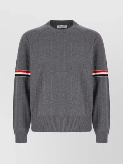 Thom Browne Wool Crew Neck Sweater With Striped Detail In Gray