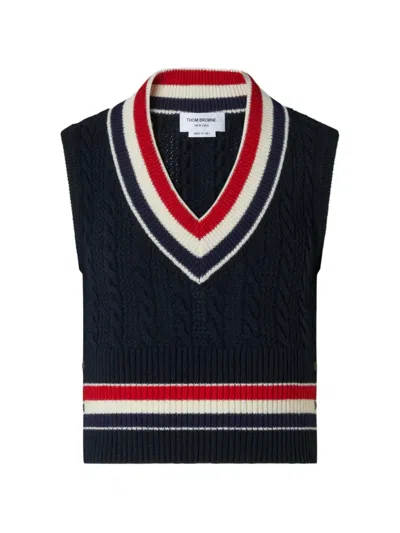 Thom Browne Wool Cricket Rwb Stripe Baby Cable Vest In Blue