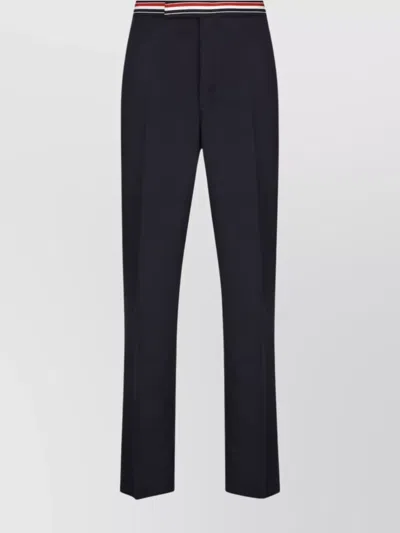 Thom Browne Wool Fabric Trousers With Striped Waistband In Navy