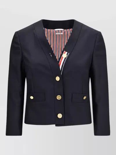 Thom Browne Wool Hopsack V-neck Suit Jacket In Blue