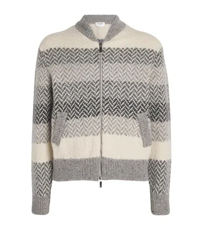 Thom Browne Wool-mohair Herringbone Cardigan Bomber Jacket In Gray