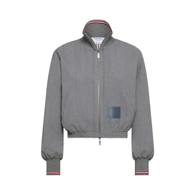Pre-owned Thom Browne Wool Seersucker Zip-up Track Jacket 'light Grey' | Women's Size 40