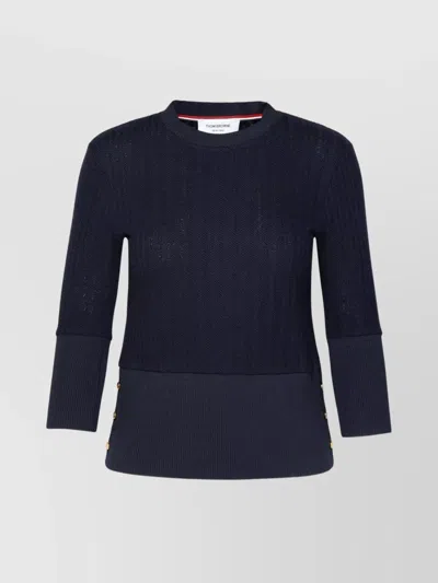Thom Browne Wool Sweater With Button And Stripe Accents In Blue