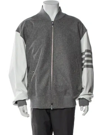 Pre-owned Thom Browne Wool Varsity 4-bar Wool Bomber Jacket In Gray
