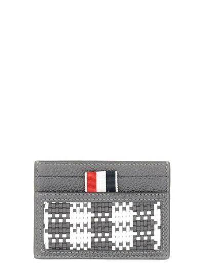 Thom Browne Woven Leather Card Case In Grey