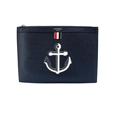 Pre-owned Thom Browne Zip Document Holder Leather With Applique Navy Leather Briefcase Bag ()