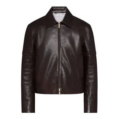 Thom Browne Long-sleeved Lapel Leather Jacket In Black