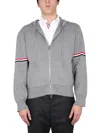 Thom Browne Zip-up Hoodie With Drawstring And Contrasting Striped Sleeves In Grey