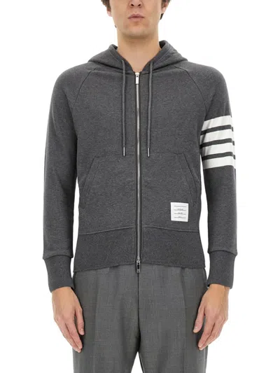 Thom Browne Zip-up Hoodie With Striped Detail In Grey