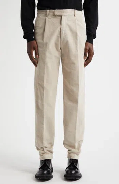 Thom Sweeney Easy Fit Pleated Corduroy Pants In Almond/ Off White