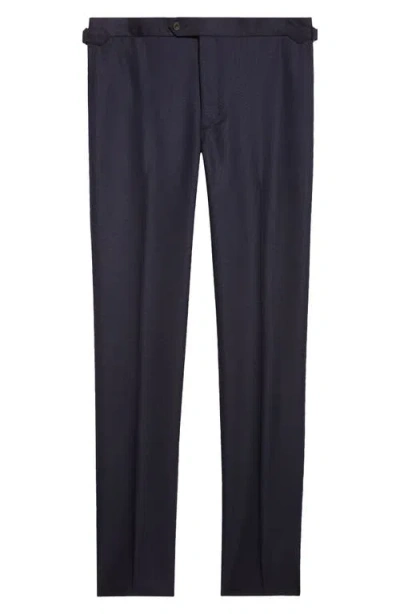 Thom Sweeney Flat Front Wool Hopsack Pants In Blue