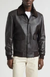 Thom Sweeney Leather Bomber Jacket With Genuine Shearling Collar In Brown