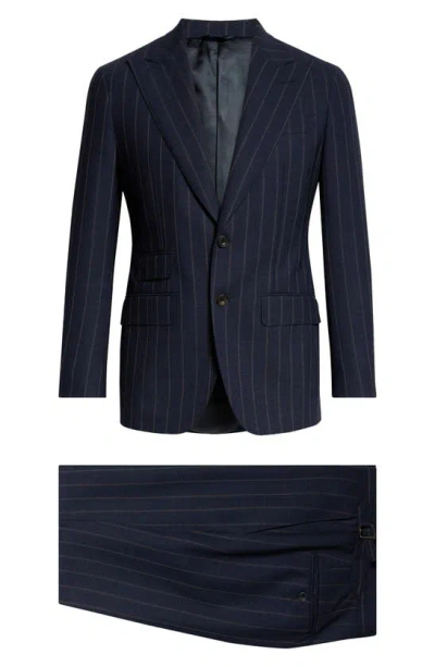 Thom Sweeney Pinstripe Structured Wool Suit In Navy Brown Stripe