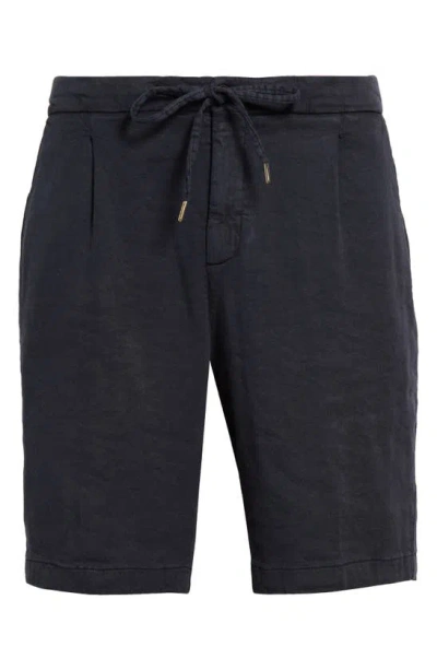 Thom Sweeney Pleated Stretch Linen & Cotton Jersey Shorts In Navy