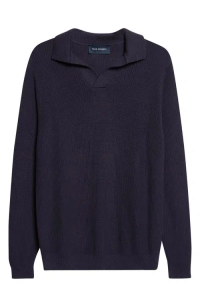 Thom Sweeney Skipper Long Sleeve Cotton Polo In Blue