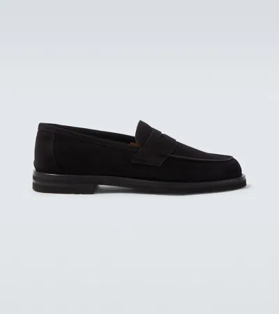 Thom Sweeney Suede Penny Loafers In Black