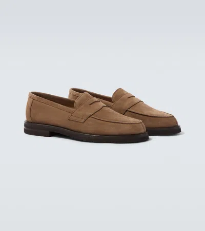 Thom Sweeney Suede Penny Loafers In Brown