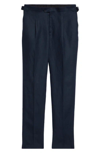 Thom Sweeney Tailored Pleated Linen Pants In Navy