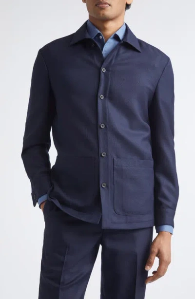 Thom Sweeney Wool Hopsack Overshirt In Blue