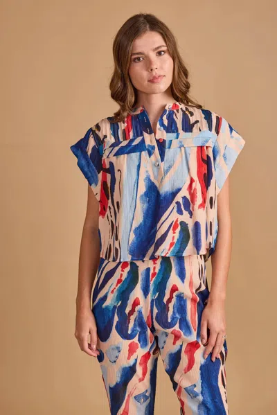 Thomas & Lourdes Campbell V-neck Top In Watercolor In Blue