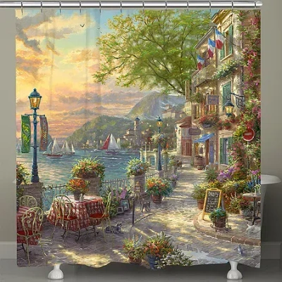 Thomas Kinkade French Riviera Cafe Shower Curtain In Green