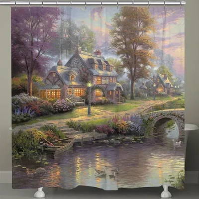 Thomas Kinkade Sunset On Lamplight Lane Shower Curtain In Green