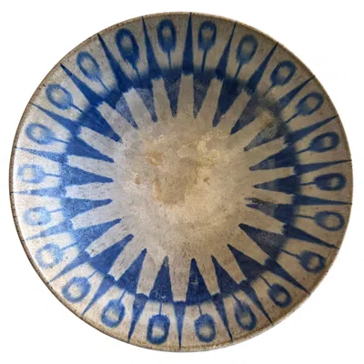 Pre-owned Thomas Toft Danish Modern Chamotte Stoneware Footed Bowl With Blue Design
