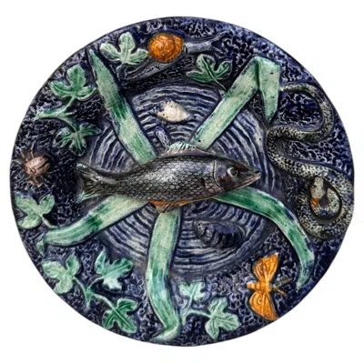 Pre-owned Thomas Victor Sergent Small Majolica Palissy Fish Wall Platter Circa 1890 In Black