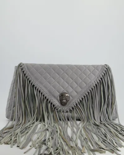 Thomas Wylde Fringed Quilted Clutch Bag With Skull Gunmetal Hardware In Grey