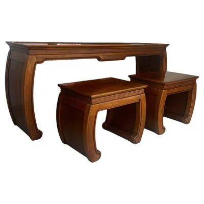Pre-owned Thomasville 1970s Chinoiserie Scroll Ming Style Wood Glass Console Nesting Table Stools In Brown