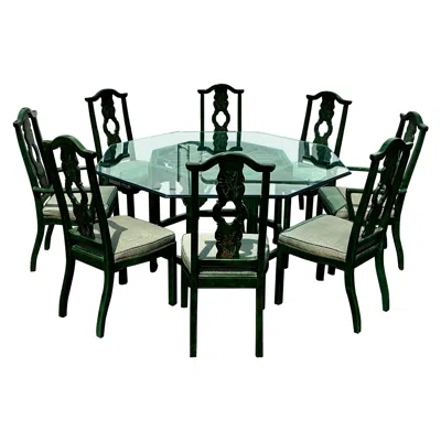 Pre-owned Thomasville 1980s  Chinoiserie Painted Green Hexagonal Wood Dining, Set Of 9