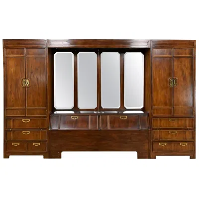Pre-owned Thomasville Campaign Style  Furn Mystique 3 Section Modular Queen Bed & Armoires In Brown