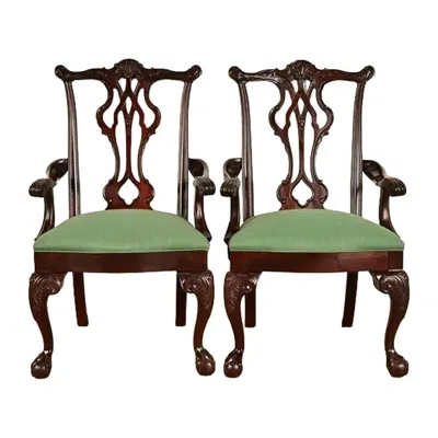 Pre-owned Thomasville Chippendale Carved Mahogany Armchairs, Pair In Brown