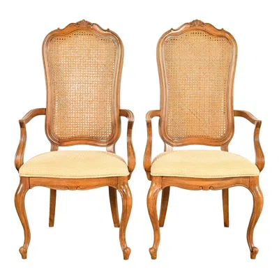 Pre-owned Thomasville French Provincial Louis Xv Carved Walnut And Cane Back Armchairs In Brown