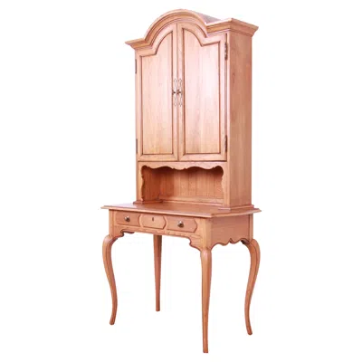 Pre-owned Thomasville French Provincial Louis Xv Oak Writing Desk With Bookcase Hutch Top In Brown