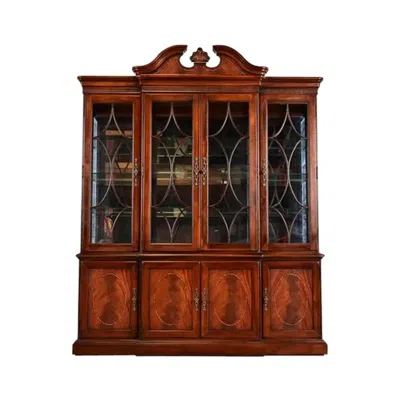 Pre-owned Thomasville Georgian Carved Flame Mahogany Lighted Breakfront Bookcase Cabinet In Red