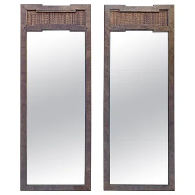 Pre-owned Thomasville Handsome Pair  Burl Wood Cane Tall Mirrors Mid-century Modern In Brown