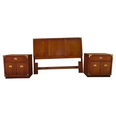 Pre-owned Thomasville Handsome Pair  Passport Campaign Night Stands Queen Headboard In Brown