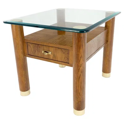 Pre-owned Thomasville Heavy Solid Oak Cylinder Legs Brass Tips Hardware One Drawer Glass Top End Table In Brown