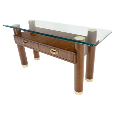 Pre-owned Thomasville Heavy Solid Oak Cylinder Legs Brass Tips Hardware Two Drawers Console Table Mint In Brown